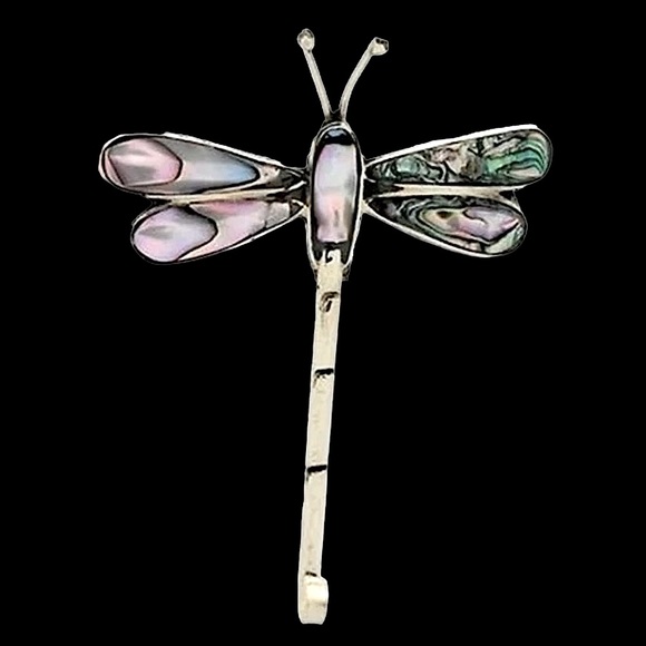 2/$30 Sterling Silver Alpaca Mexico Dragonfly Blue Green Abalone Brooch - Picture 2 of 7